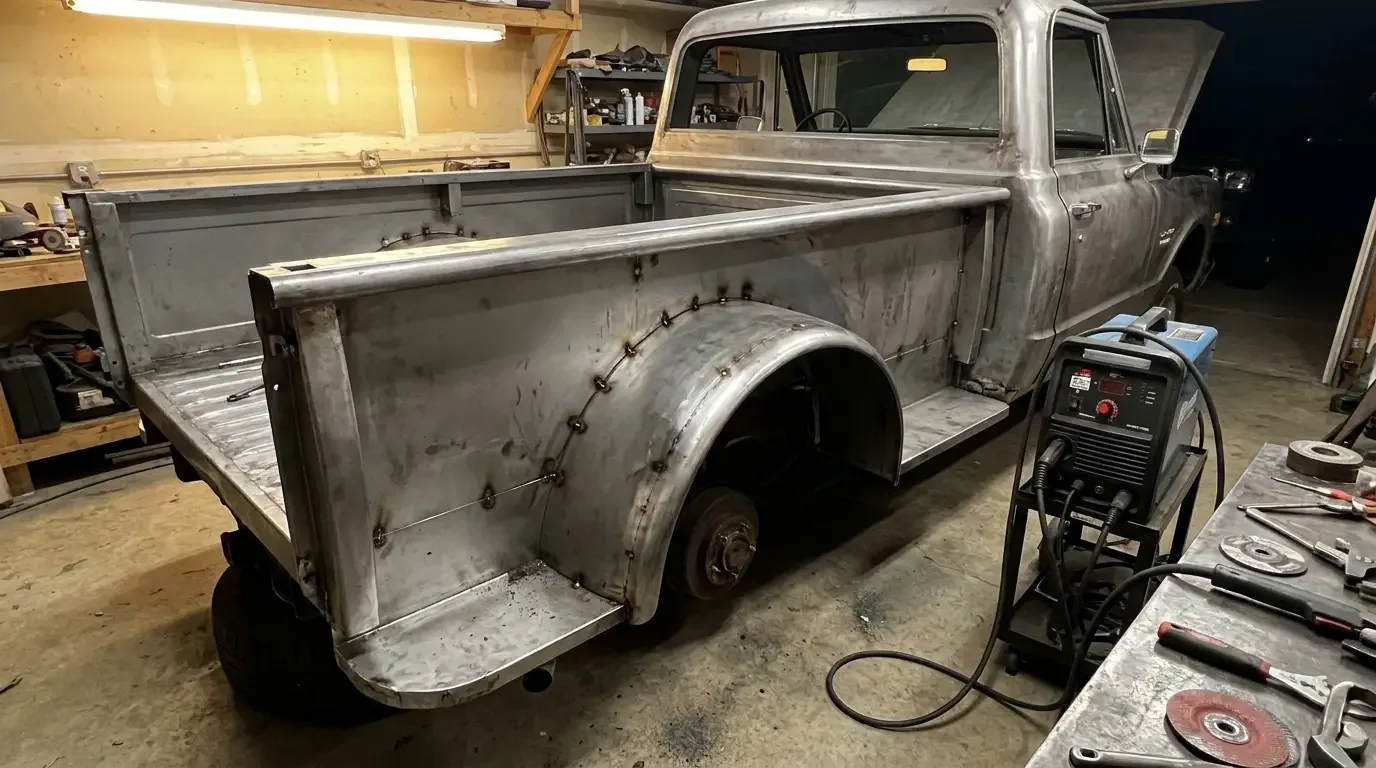 C10 bed wheel tub panel tack-welded in workshop