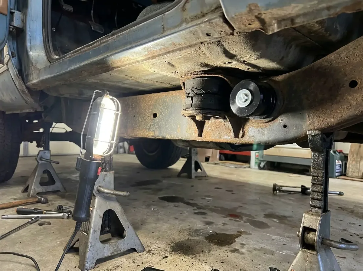 C10 body mount bushing -- worn rubber next to new replacement part