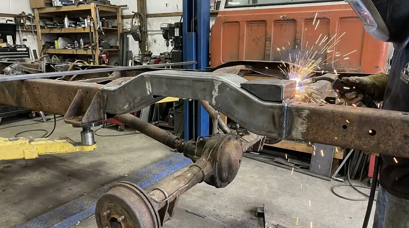 C10 rear frame C-notch cap being welded above axle