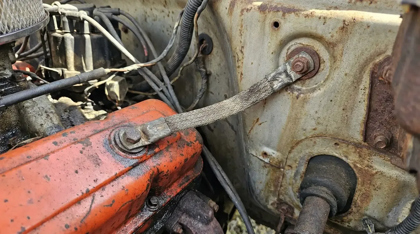 C10 engine bay ground strap bolted to the firewall