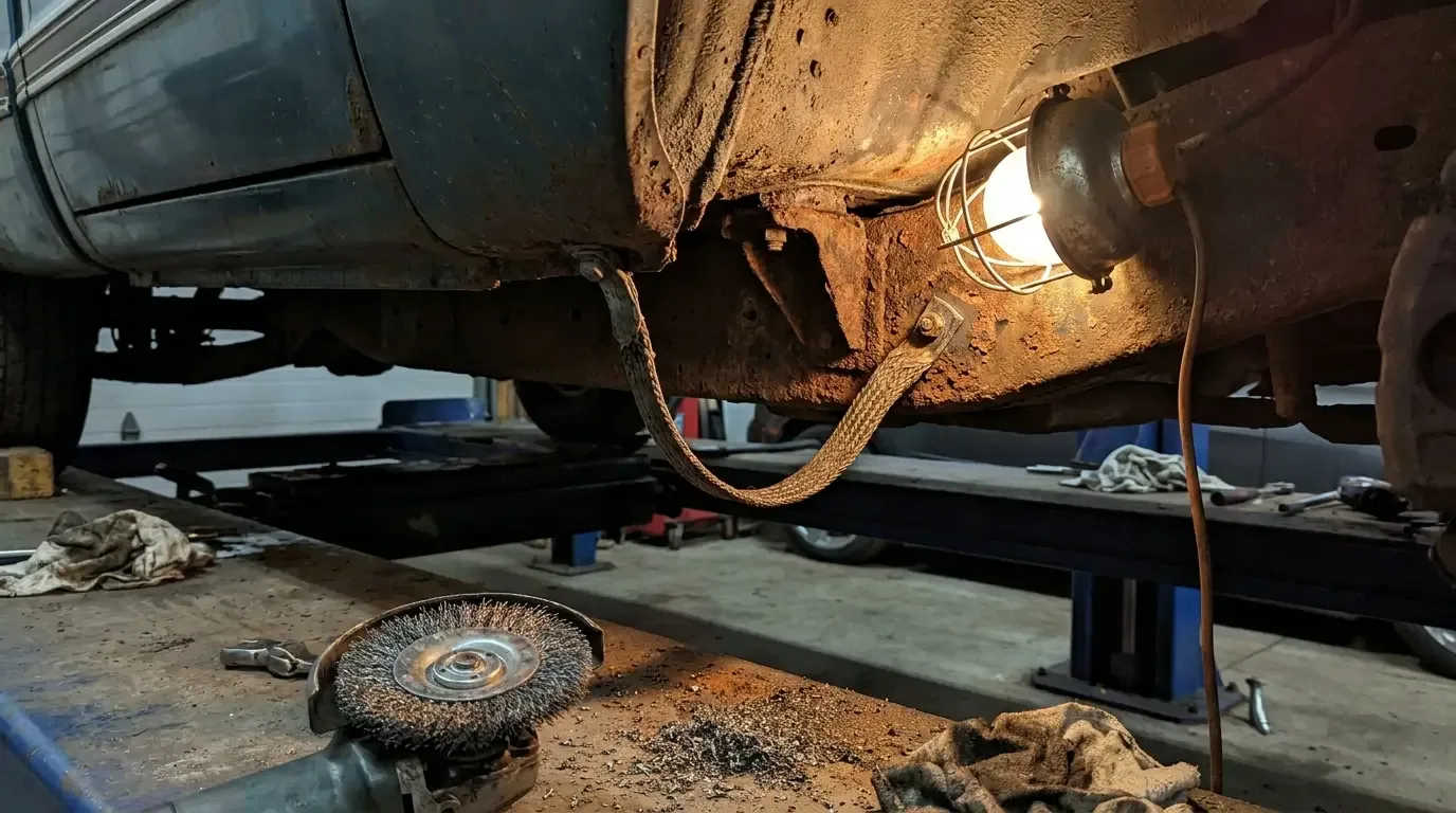C10 frame rail ground strap -- corroded bolt under inspection