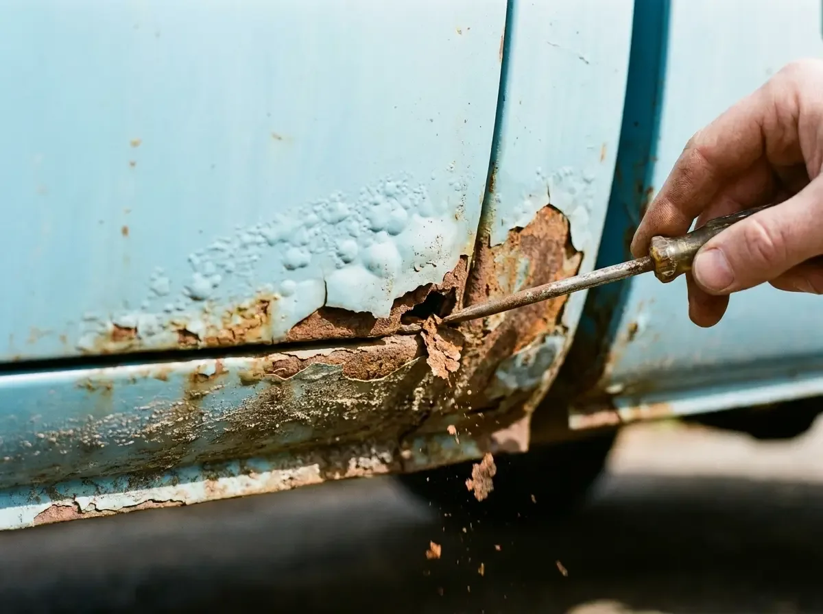 1970s Chevrolet C10 rocker panel -- rust bubbling through faded paint