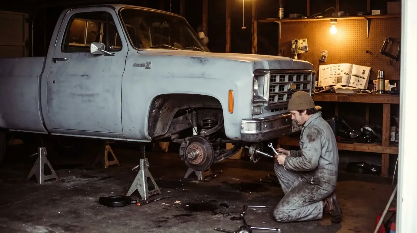 1970s home garage C10 lowering job in progress