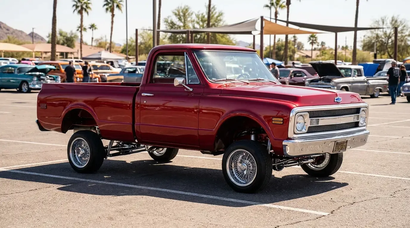 Lowered candy-paint C10 at a Southwest lowrider show