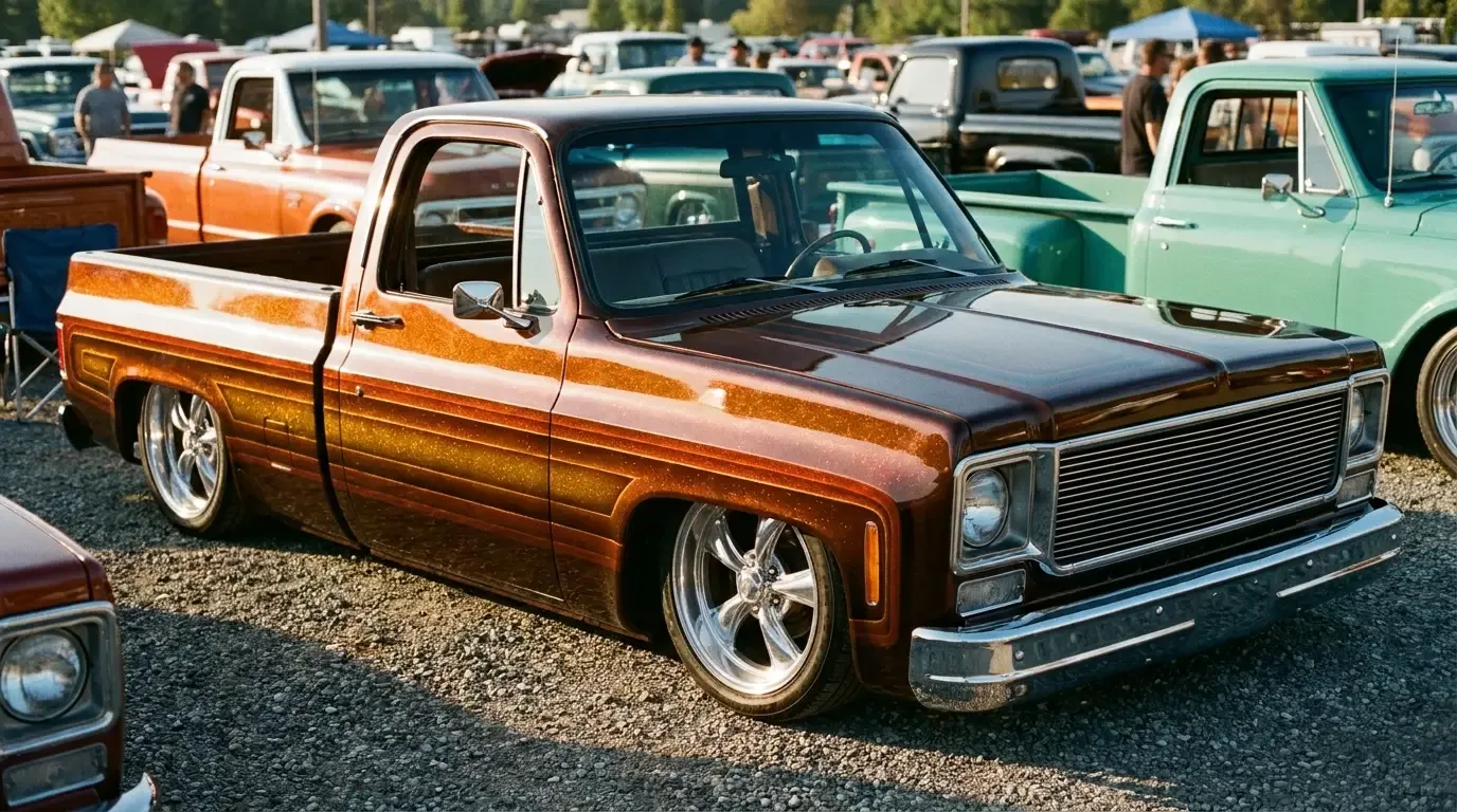 Lowered custom C10 show truck -- candy paint at gravel lot show