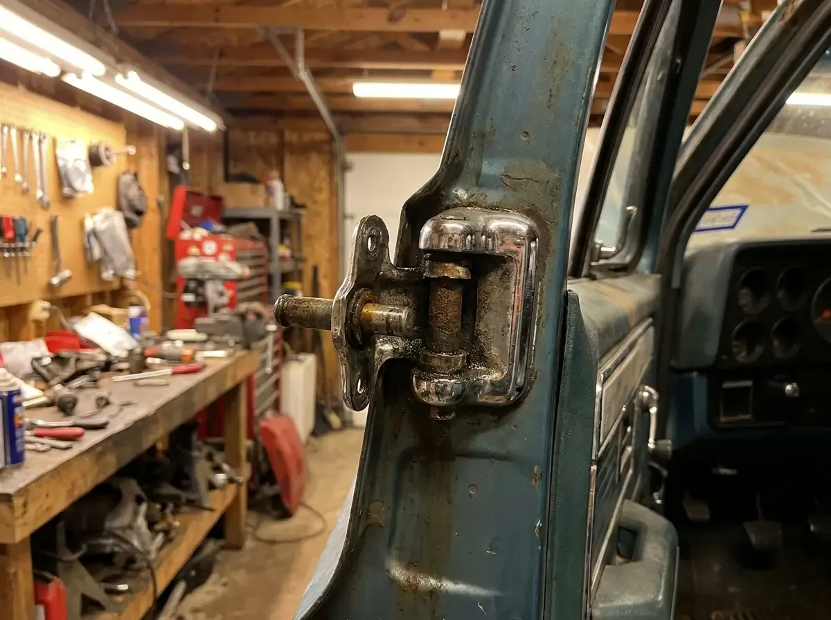 1980 Chevrolet C10 door hinge -- pin and bushing hardware detail