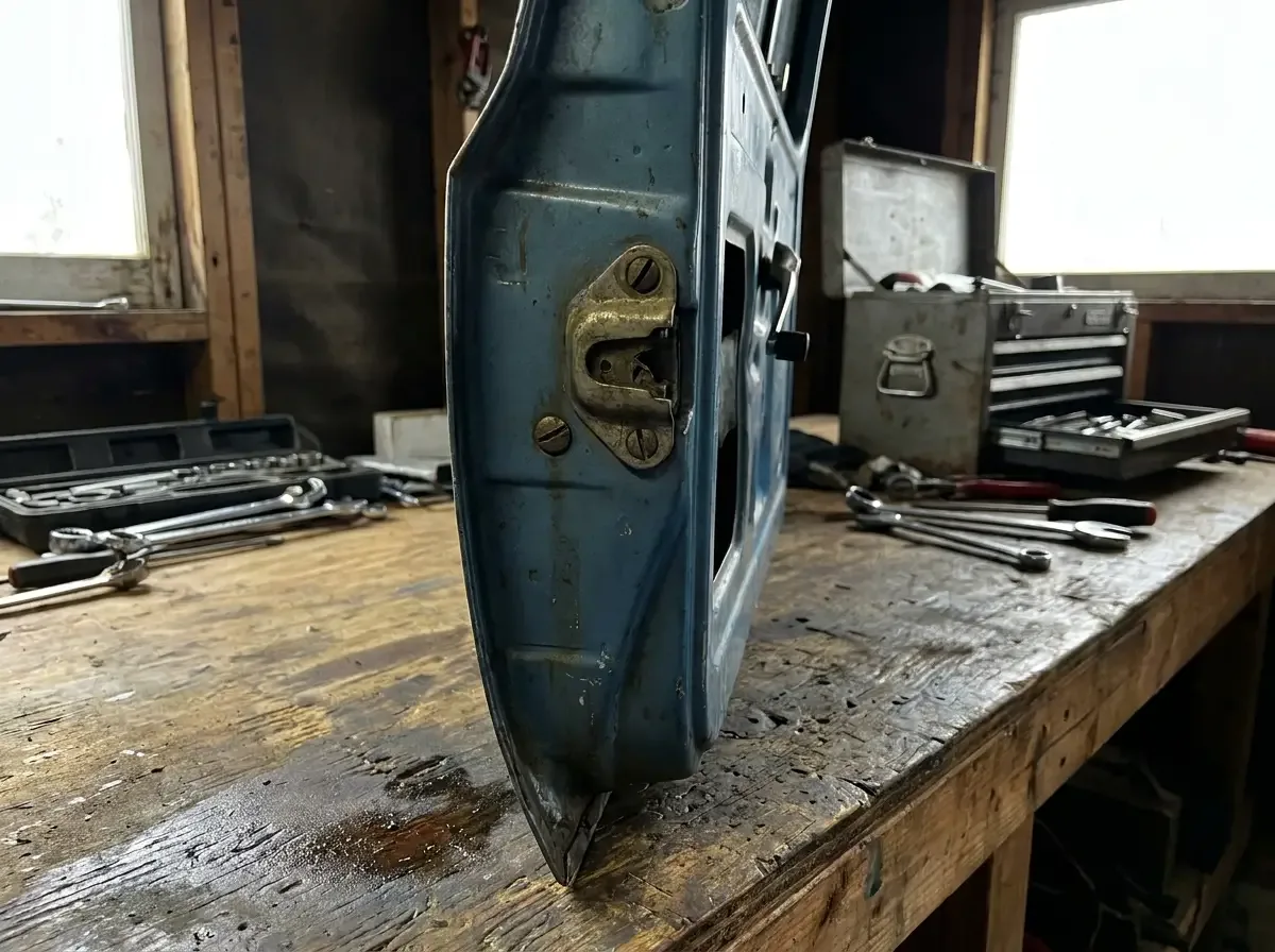 C10 door striker and latch mechanism -- close-up adjustment view