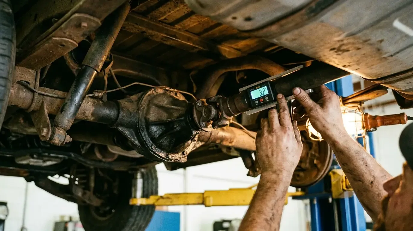 C10 driveshaft angle check -- digital angle finder at the pinion yoke