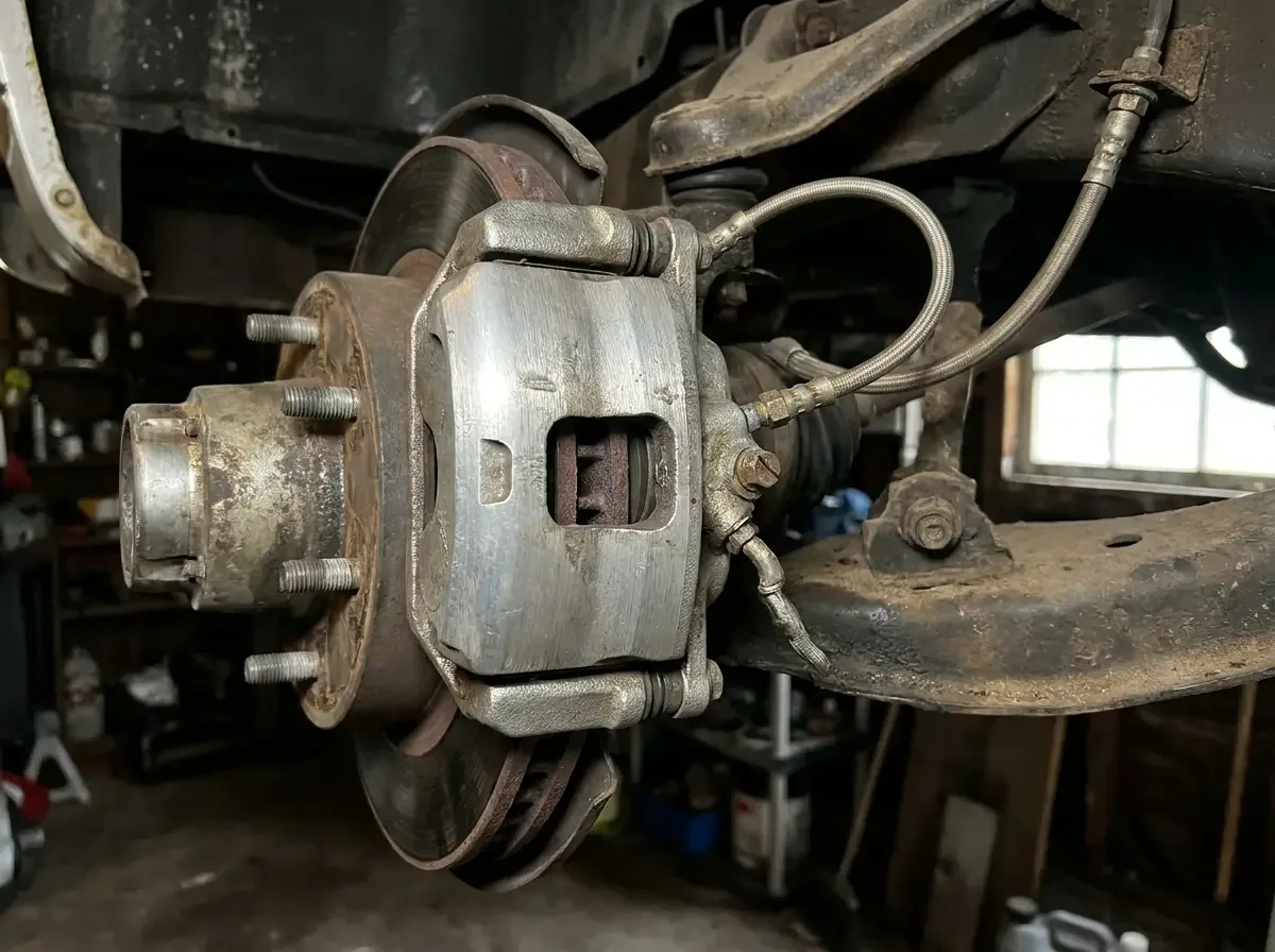 Twin-piston disc brake caliper and rotor on a classic C10 front spindle