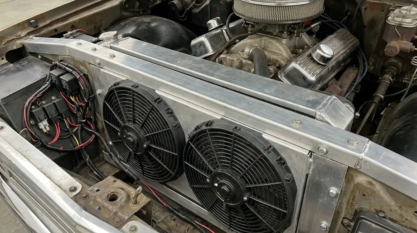 Dual electric cooling fans shrouded on a C10 radiator core support