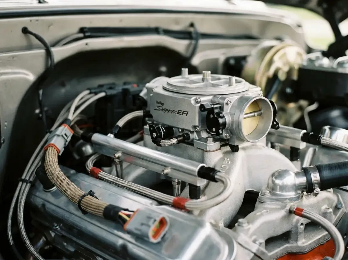Throttle body EFI unit mounted on a classic C10 intake manifold