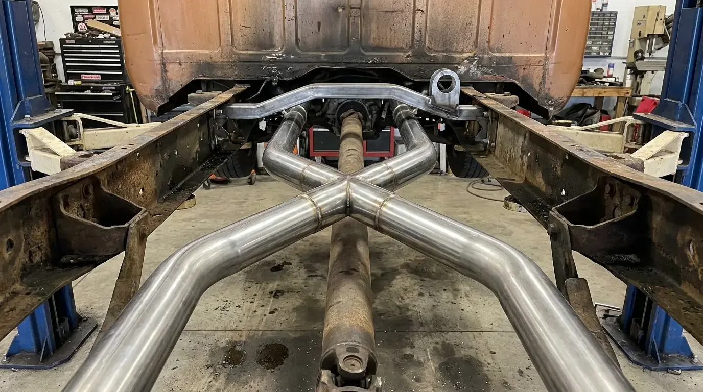 C10 X-pipe crossover -- installed ahead of the driveshaft