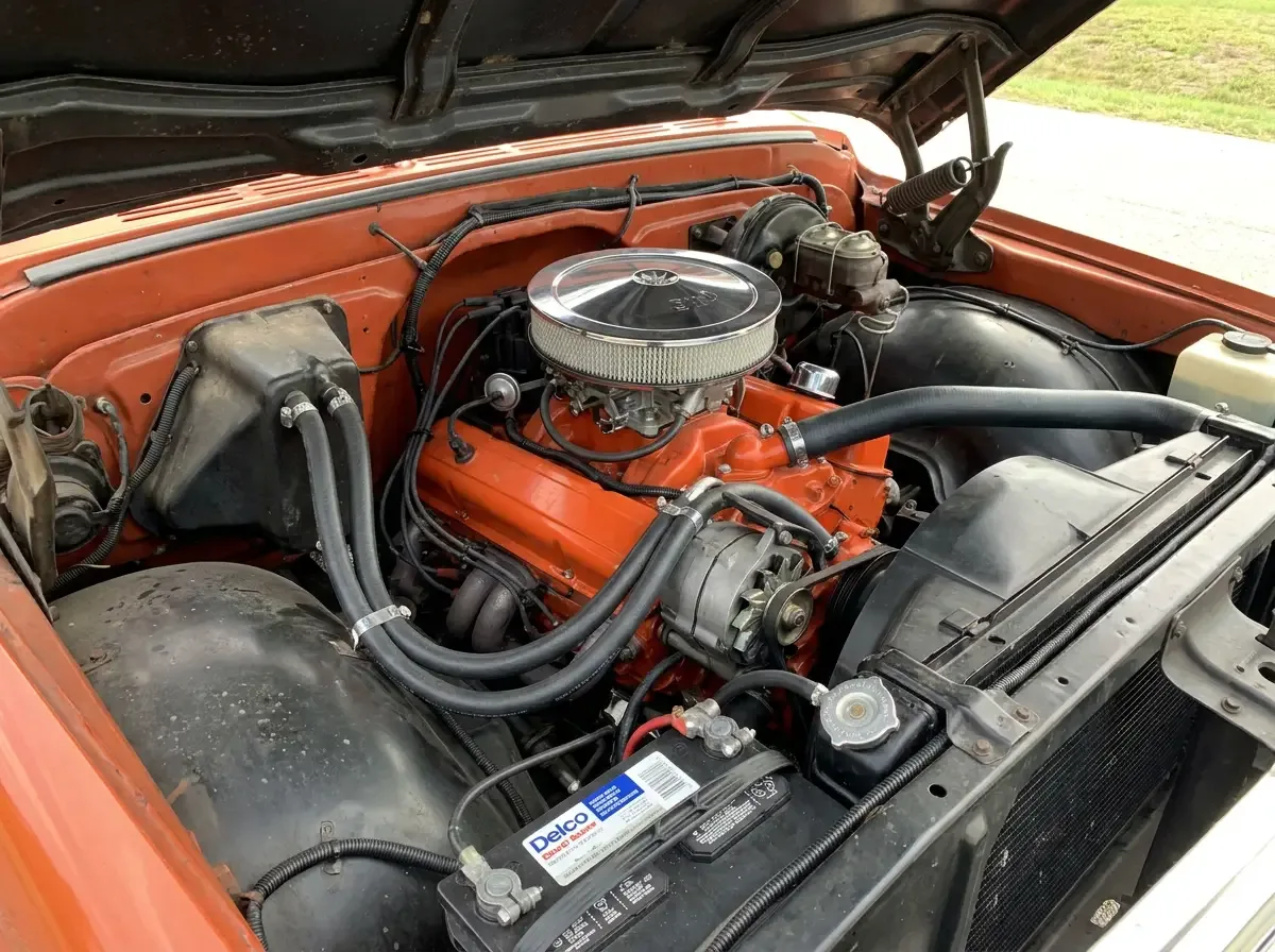 1970 Chevrolet C10 -- small block 350 V8 engine bay detail