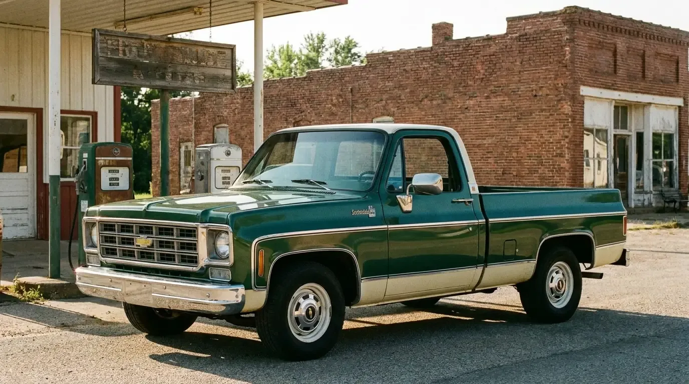 1976 Chevrolet C10 Scottsdale -- two-tone paint side profile scene