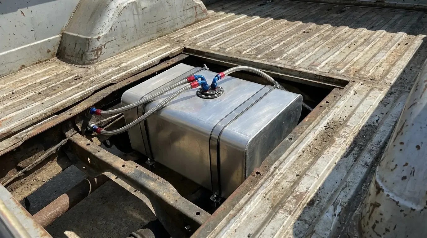 1970s Chevrolet C10 bed -- aluminum fuel cell mounted between frame rails
