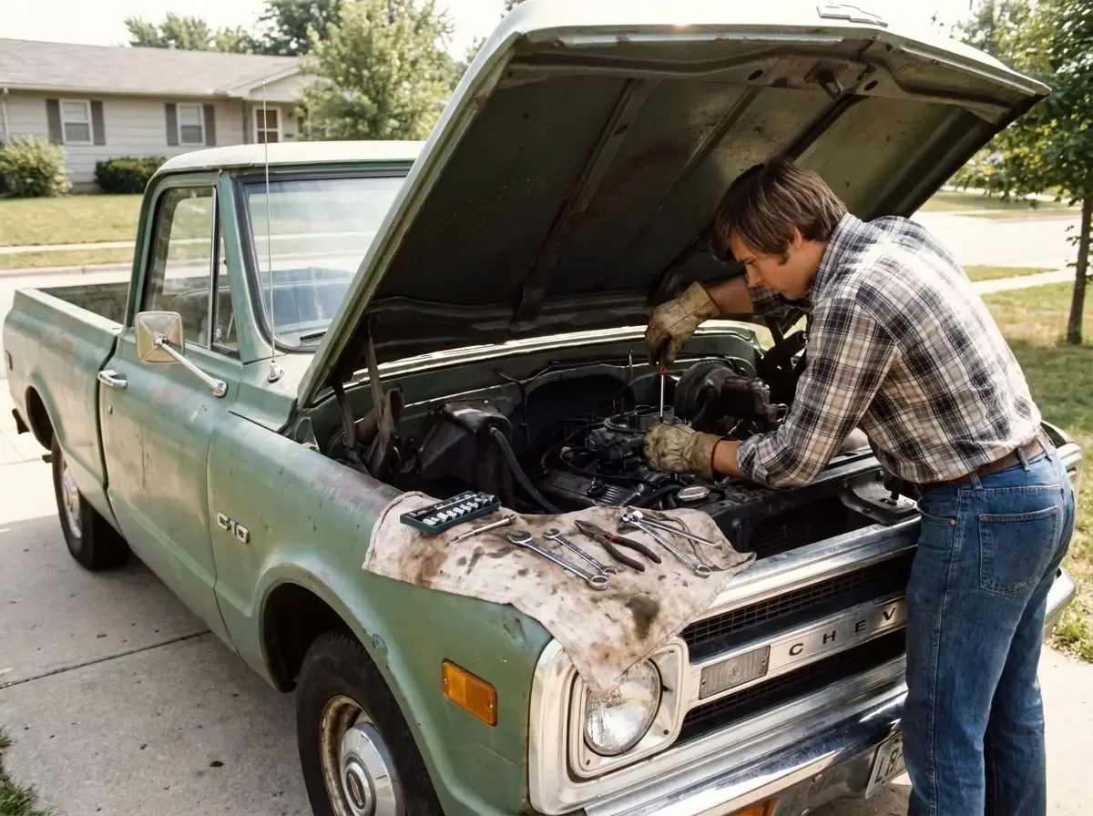 Early 1970s Chevrolet C10 owner adjusting the carburetor