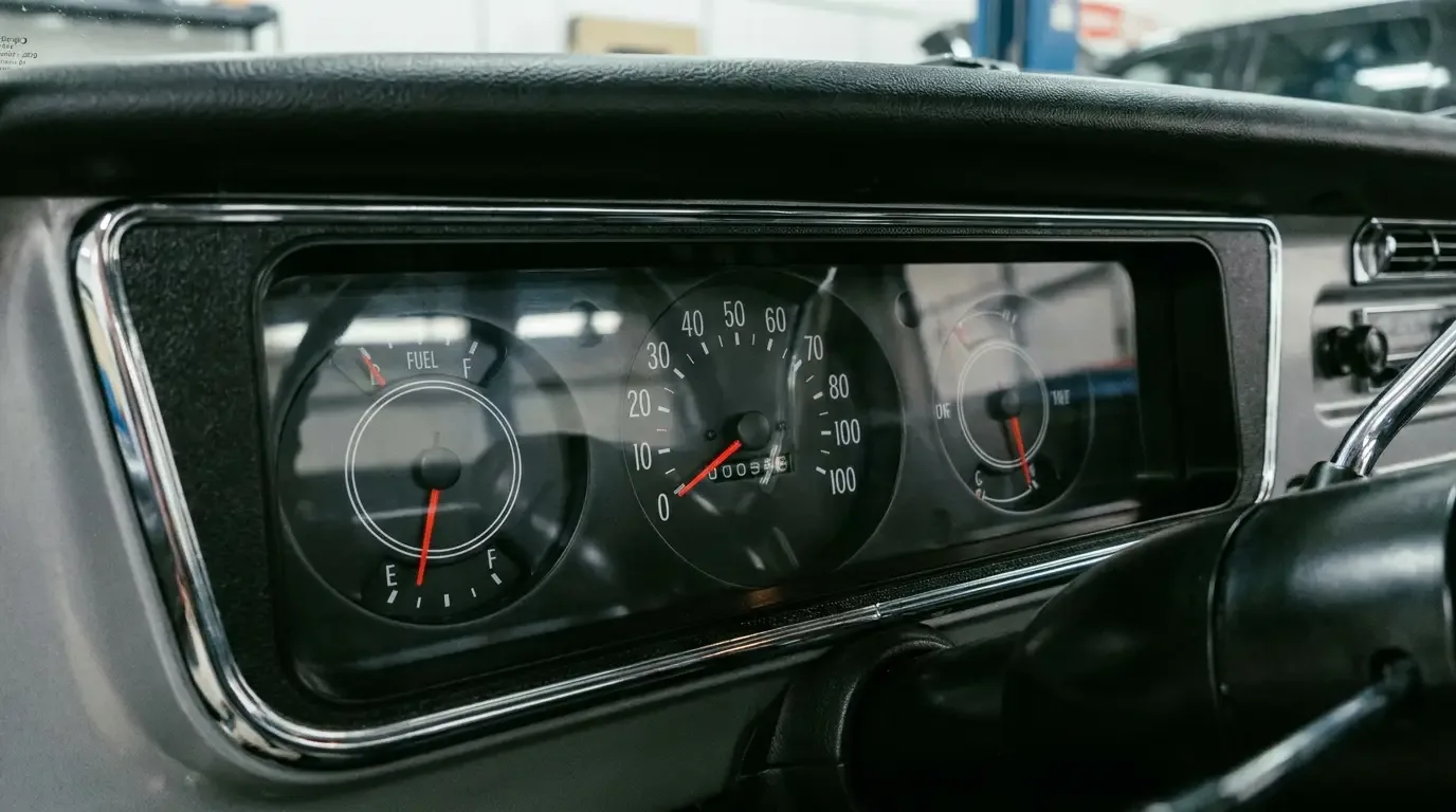 1970s Chevrolet C10 instrument cluster -- restored gauge lens close-up