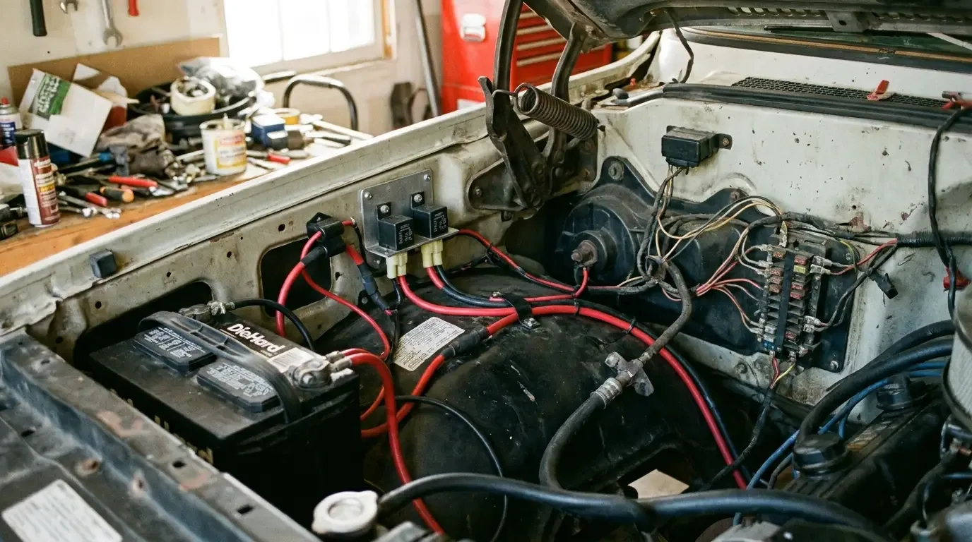 C10 engine bay -- headlight relay harness wired near the battery