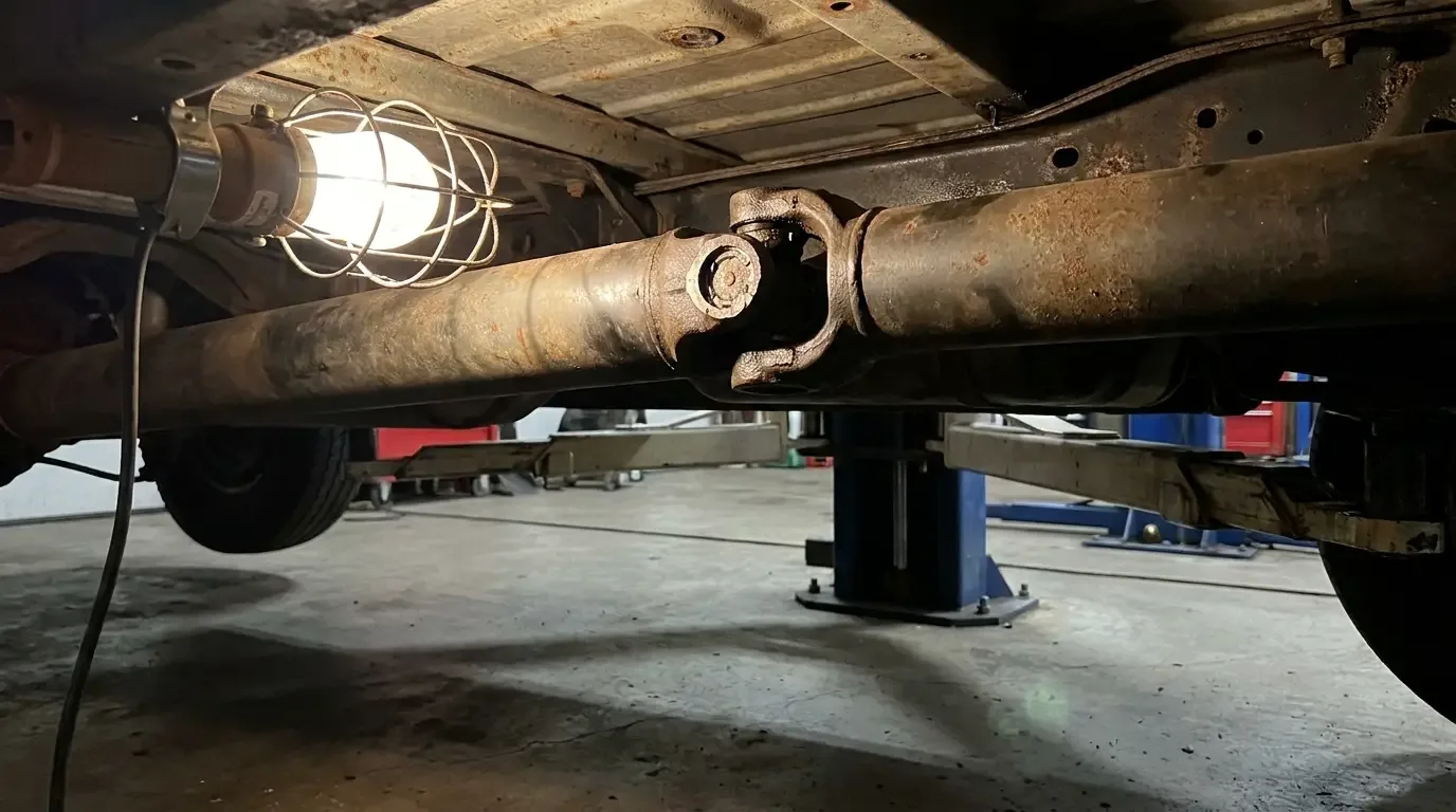 1970s Chevrolet C10 driveshaft and U-joint underside detail
