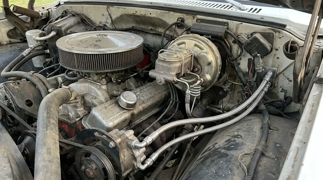 1970s Chevrolet C10 firewall -- hydroboost unit with steering lines routed