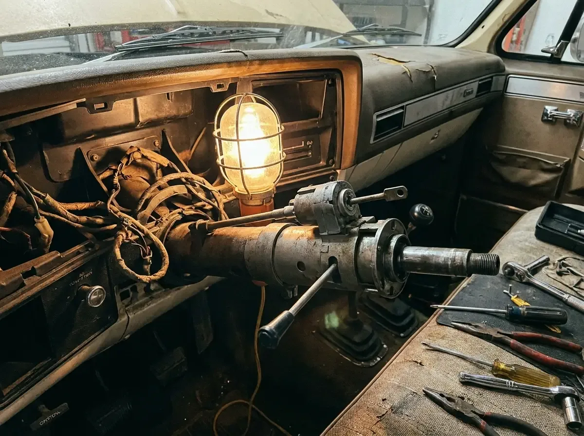 1970s Chevrolet C10 steering column disassembled -- ignition switch and rod exposed