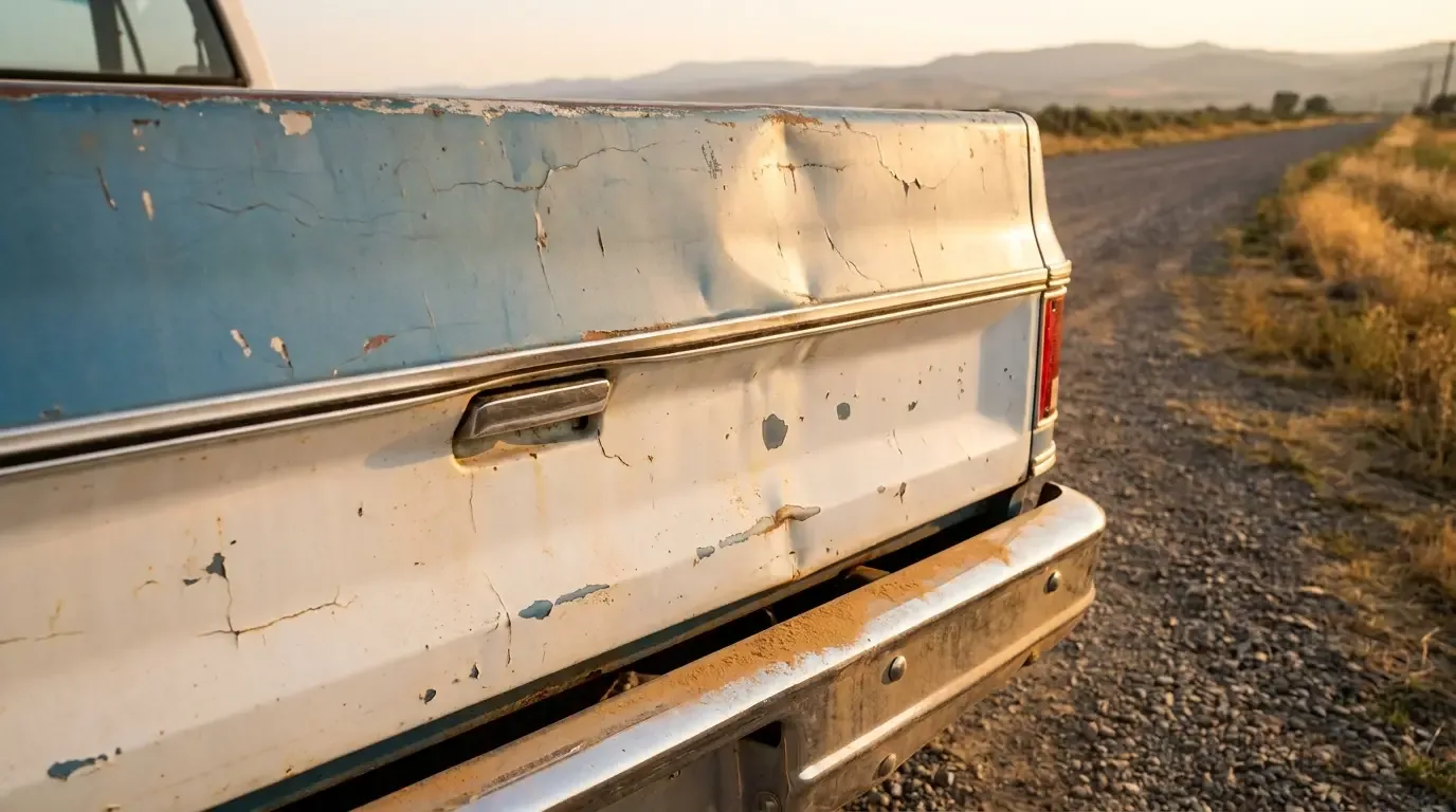 1978 Chevrolet C10 -- dented, sun-faded tailgate at dusk