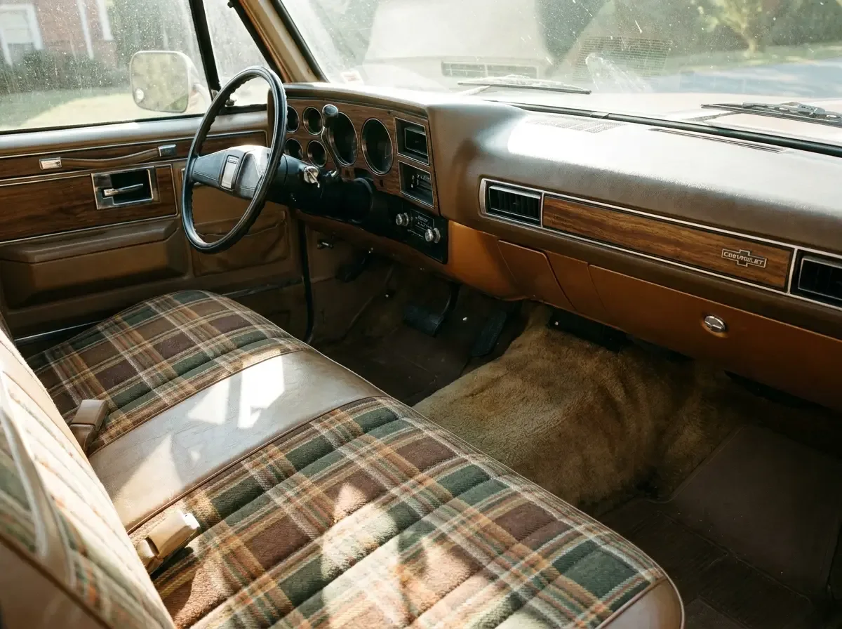1976 Chevrolet C10 Silverado interior -- woodgrain dash and plaid seat