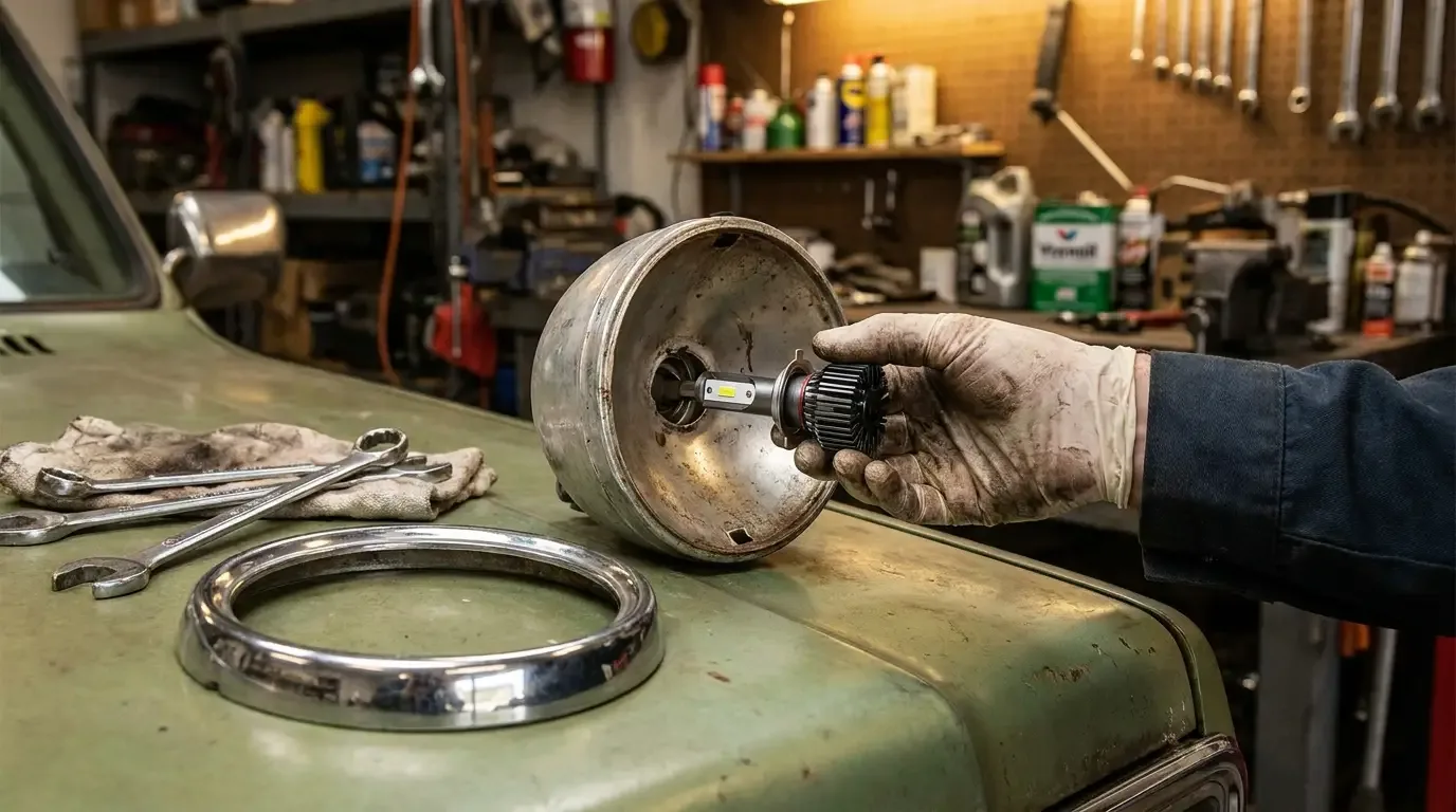 C10 headlight bucket receiving a new LED bulb