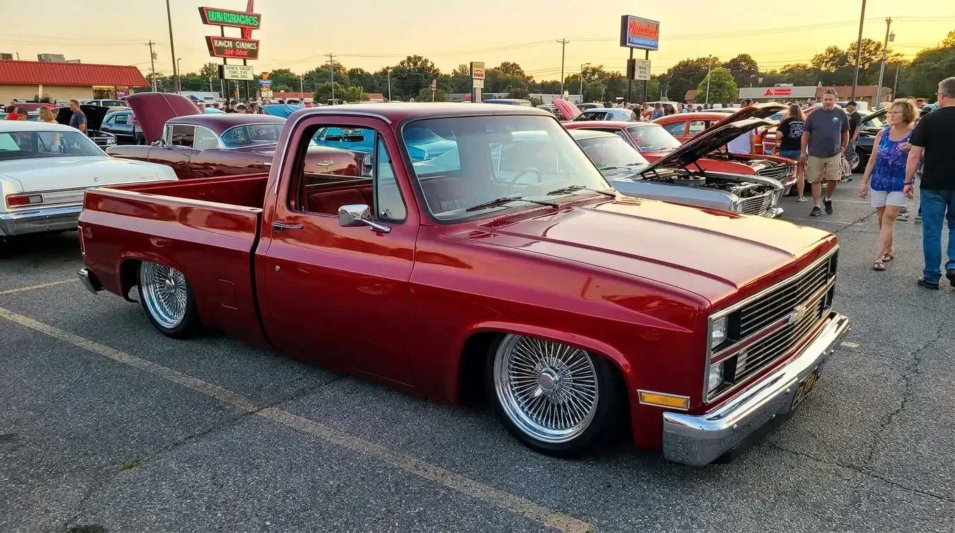 1980s Chevrolet C10 square body -- lowered on hydraulics at a cruise night