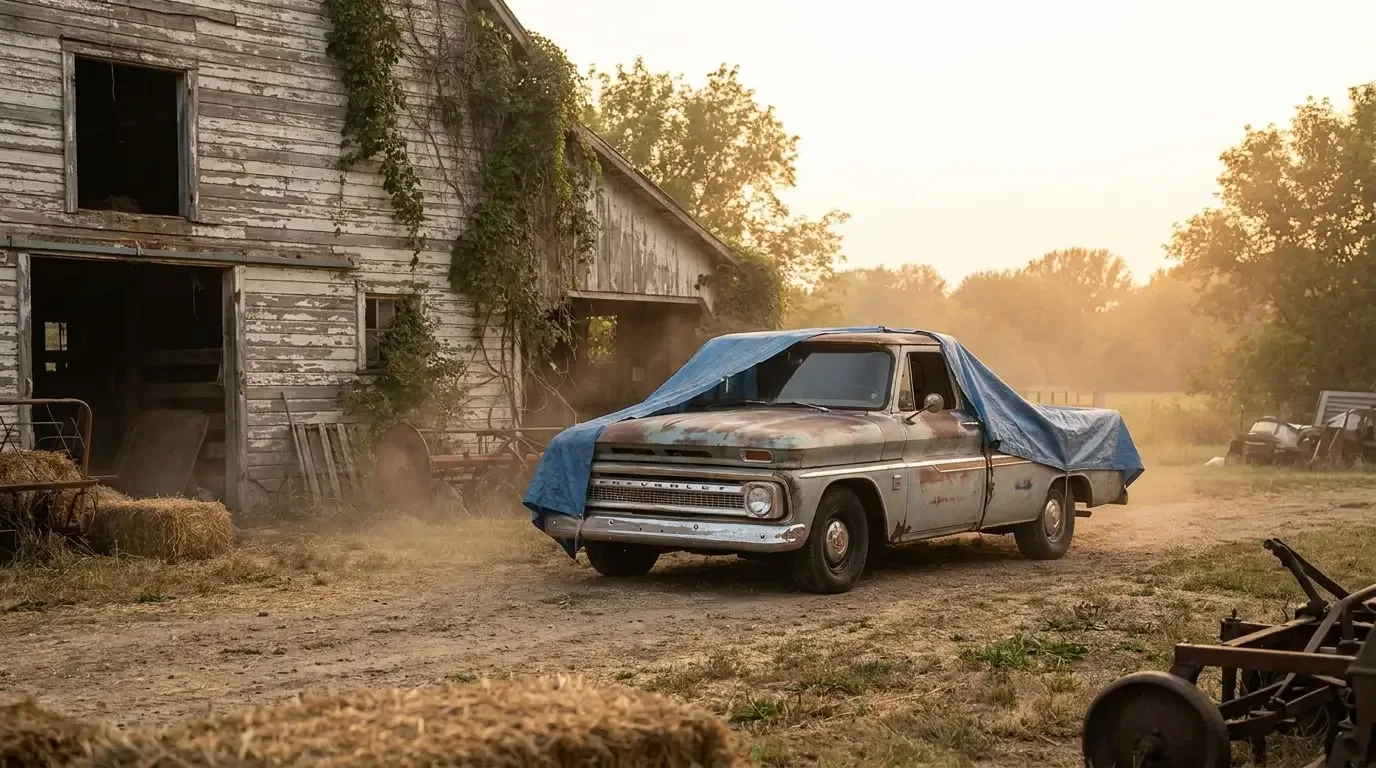 Vintage Chevrolet C10 -- half-covered barn find under a tarp