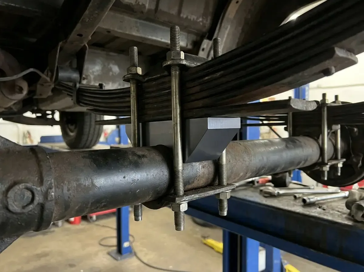 C10 rear lowering block installed between leaf spring and axle