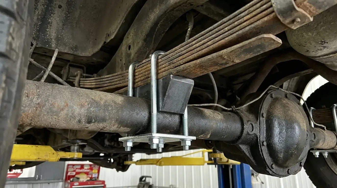 C10 rear lowering block installed on leaf spring