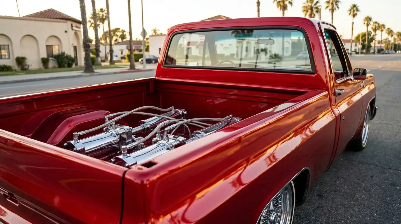 Lowered Chevrolet C10 with hydraulics on a boulevard