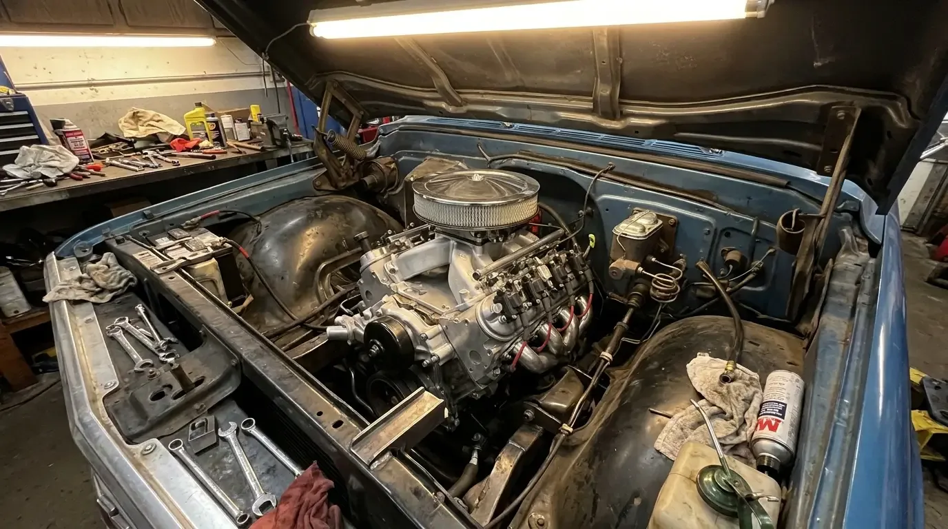 Chevrolet C10 engine bay with freshly installed 5.3L LS Vortec V8