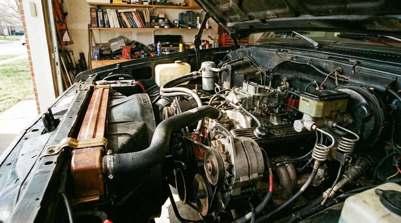 C10 engine bay -- radiator and cooling system detail
