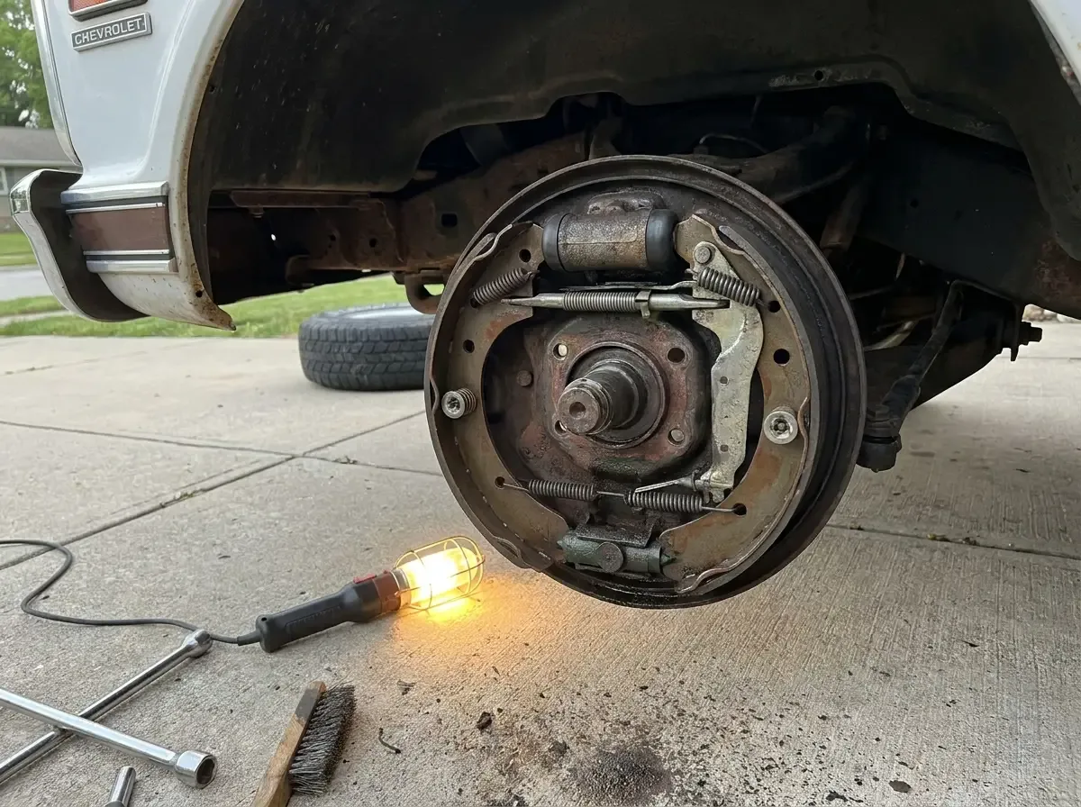 C10 front drum brake with drum removed -- shoes and wheel cylinder detail