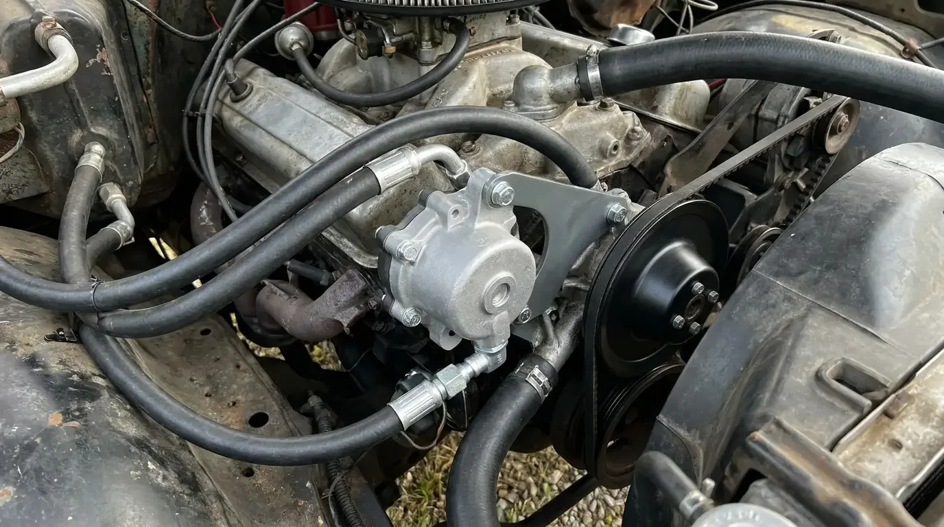 1970s Chevrolet C10 engine bay -- power steering pump install