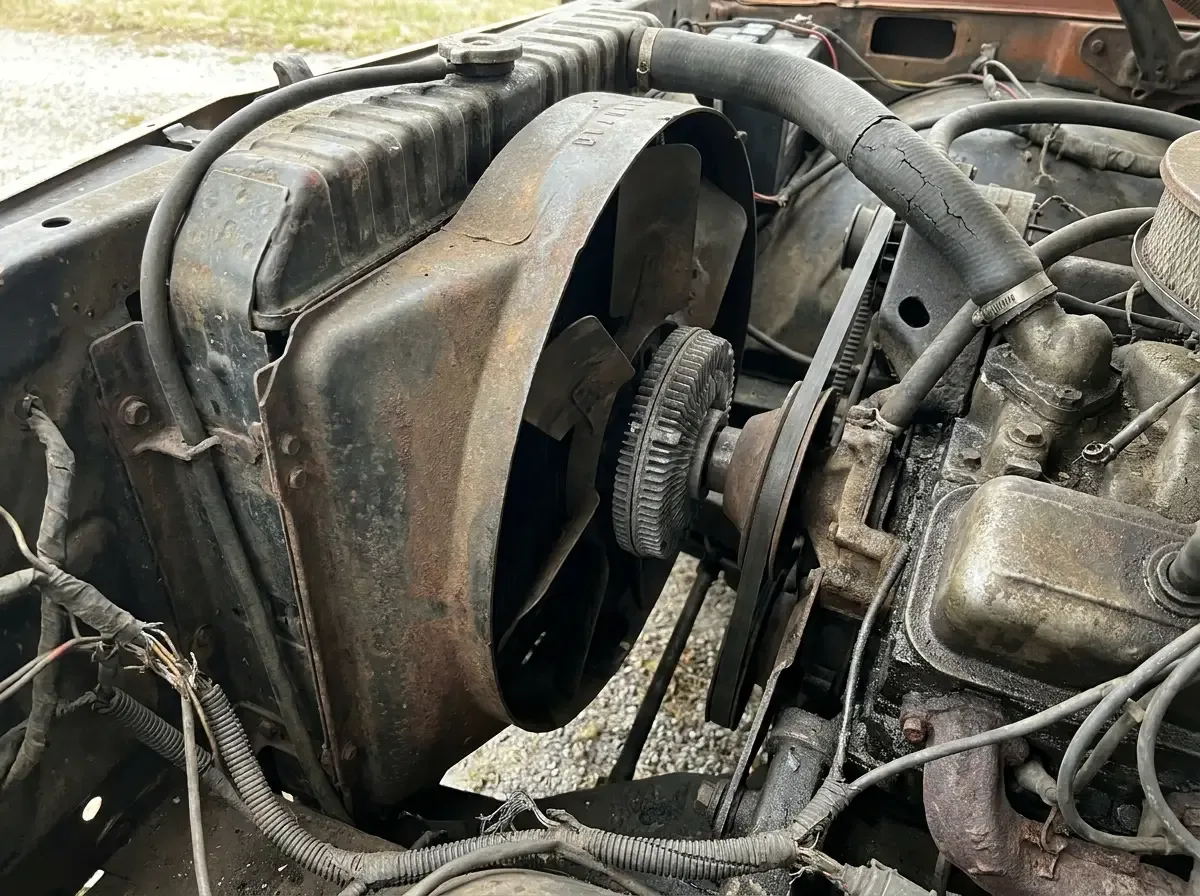 1970s Chevrolet C10 engine bay -- radiator and mechanical fan clutch detail