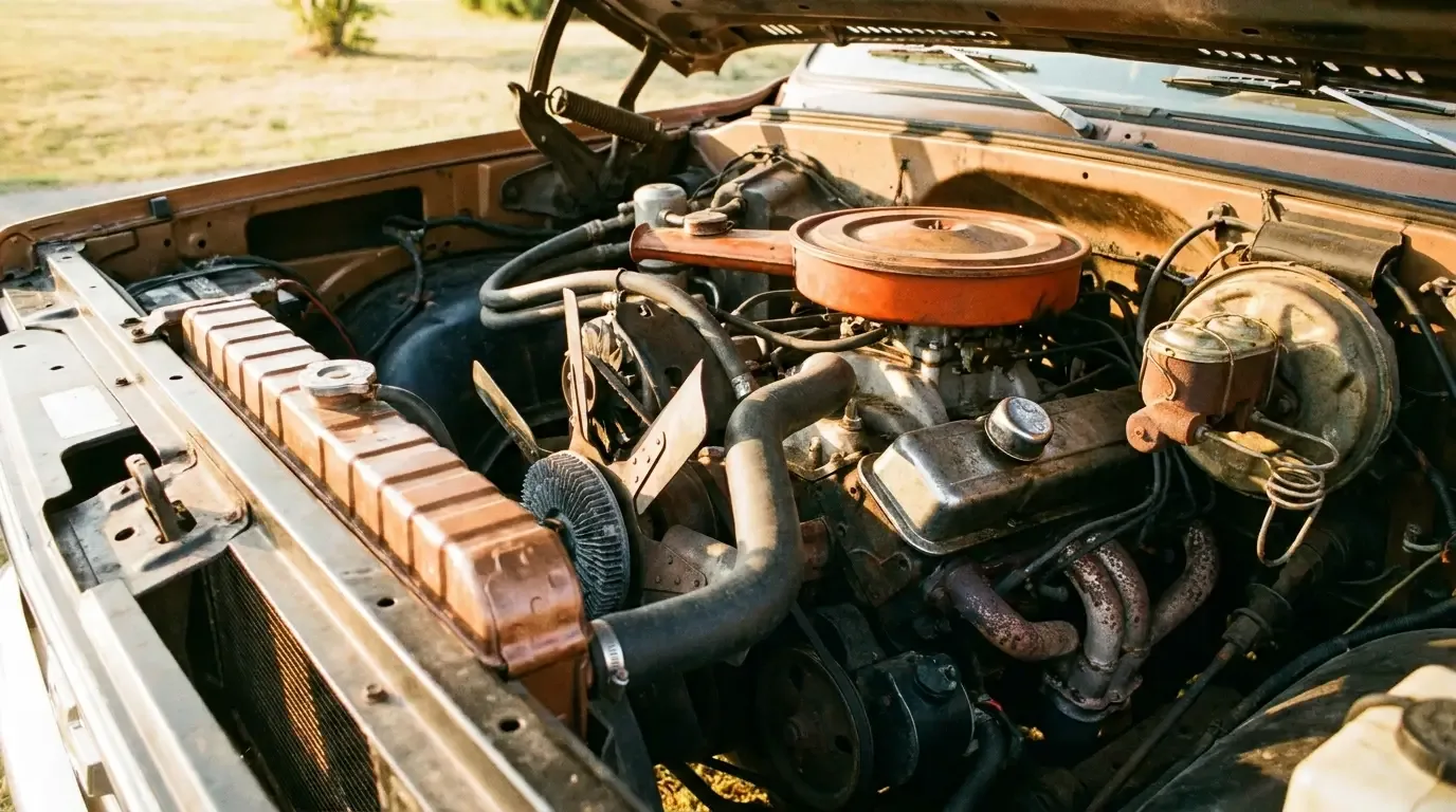 1975 Chevrolet C10 engine bay -- radiator and fan clutch detail