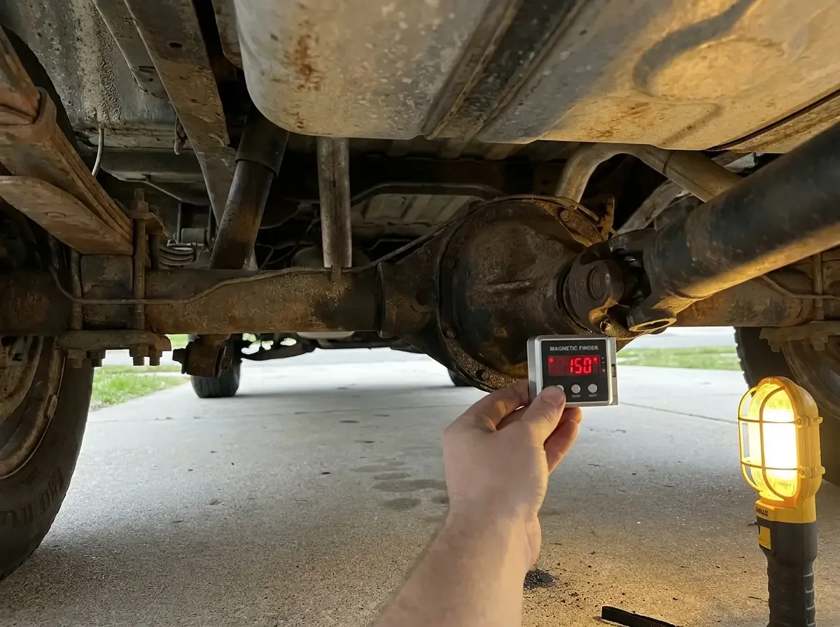 Magnetic angle finder measuring pinion angle on a C10 rear end