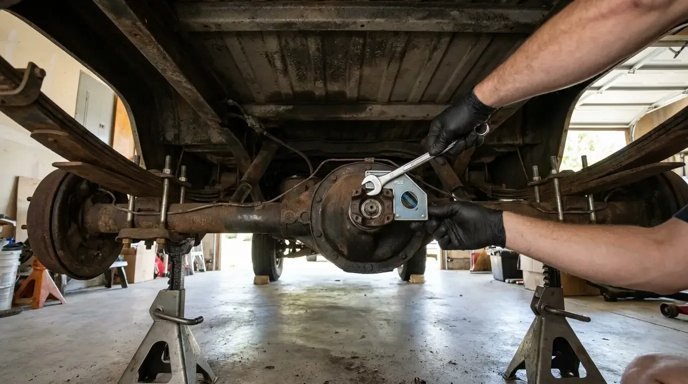 Angle finder measuring C10 pinion angle -- rear axle underside