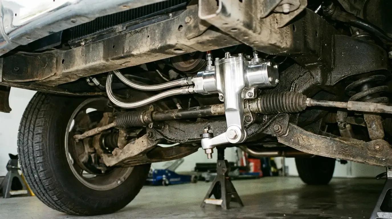 1970s Chevrolet C10 frame rail -- quick-ratio steering box and pitman arm