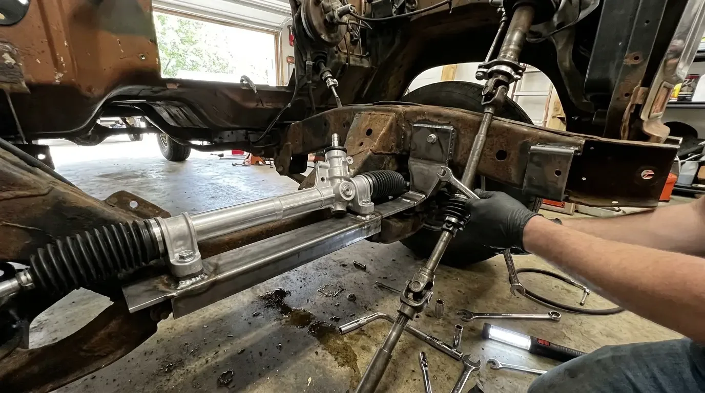 Rack-and-pinion steering rack bolted to a C10 crossmember bracket