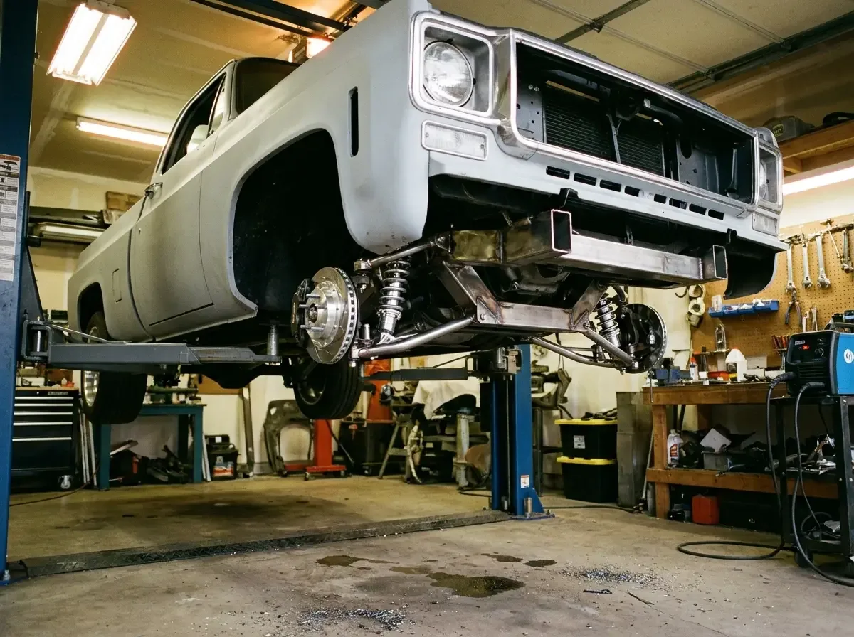 1970s Chevrolet C10 on a lift with boxed subframe and coilovers