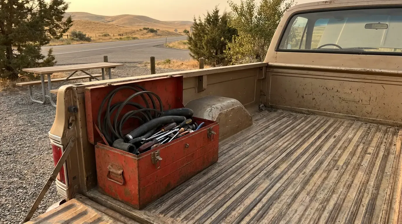1970s Chevrolet C10 truck bed with open spare parts toolbox