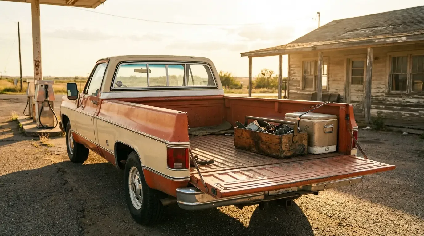 C10 tailgate down at golden hour -- spare parts toolbox loaded
