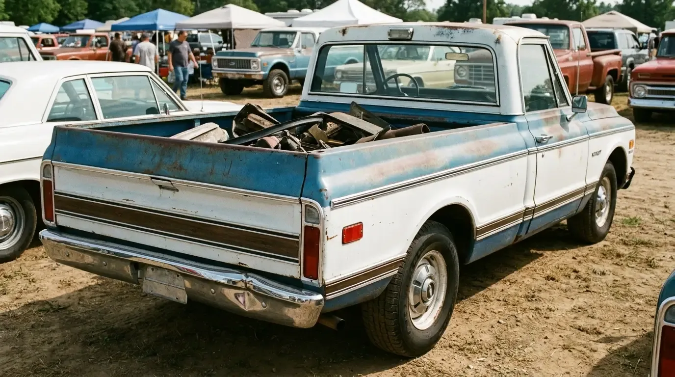 1969 Chevrolet C10 short bed -- rear three-quarter swap meet view