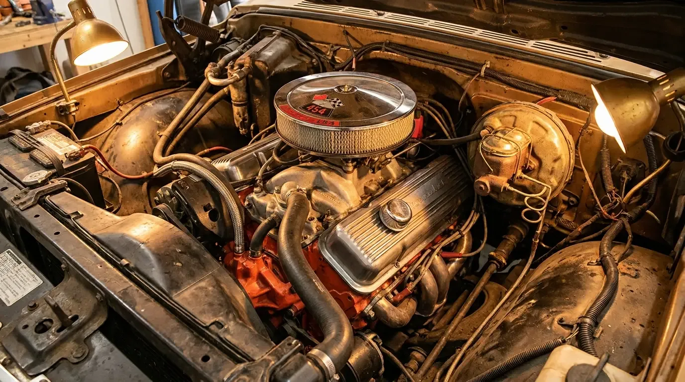 Big block 454 V8 filling a classic C10 engine bay