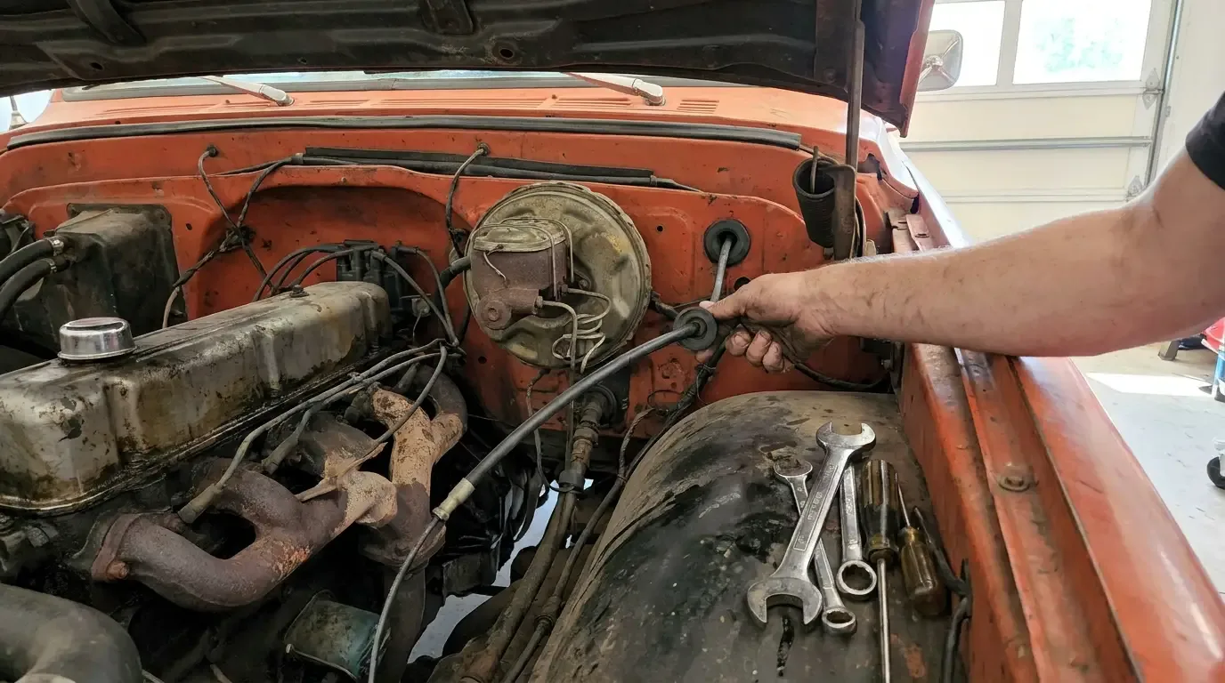 1970s Chevrolet C10 speedometer cable routed through firewall grommet