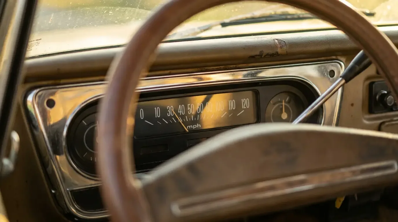 C10 dashboard close-up -- speedometer needle mid-sweep